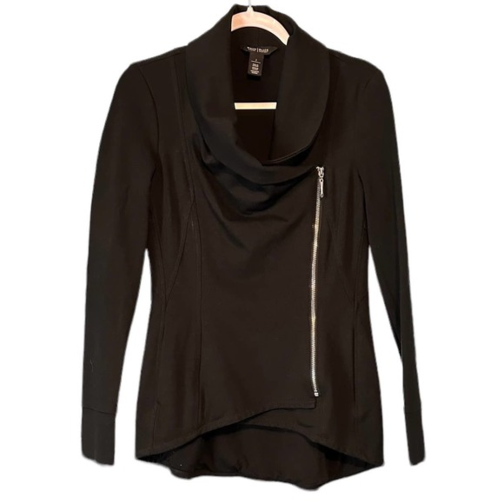 Woman's Cowl Neck Jacket Asymmetrical Zip Up Black WHBM Size 2 Rayon Nylon Black